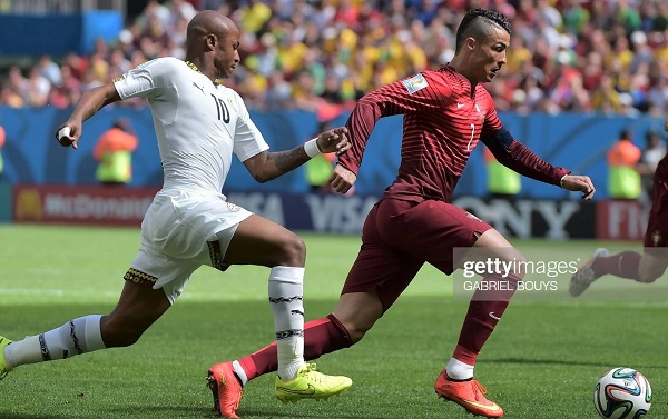 Cristiano Ronaldo and Ghana captain Andre Ayew (left) will clash again at the World Cup group stage on Thursday